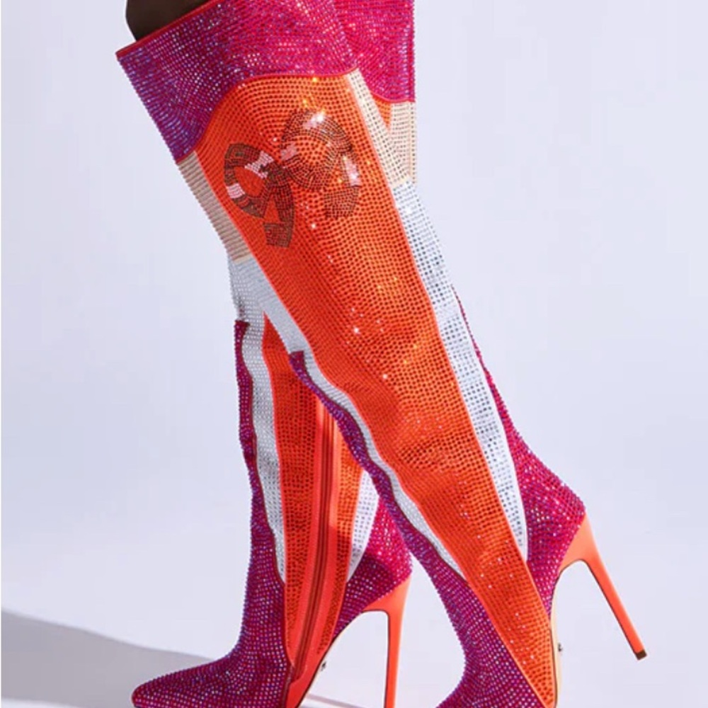 Azalea Y2K Hadley Pink Orange White Rhinestone Thigh Boots Halloween costume